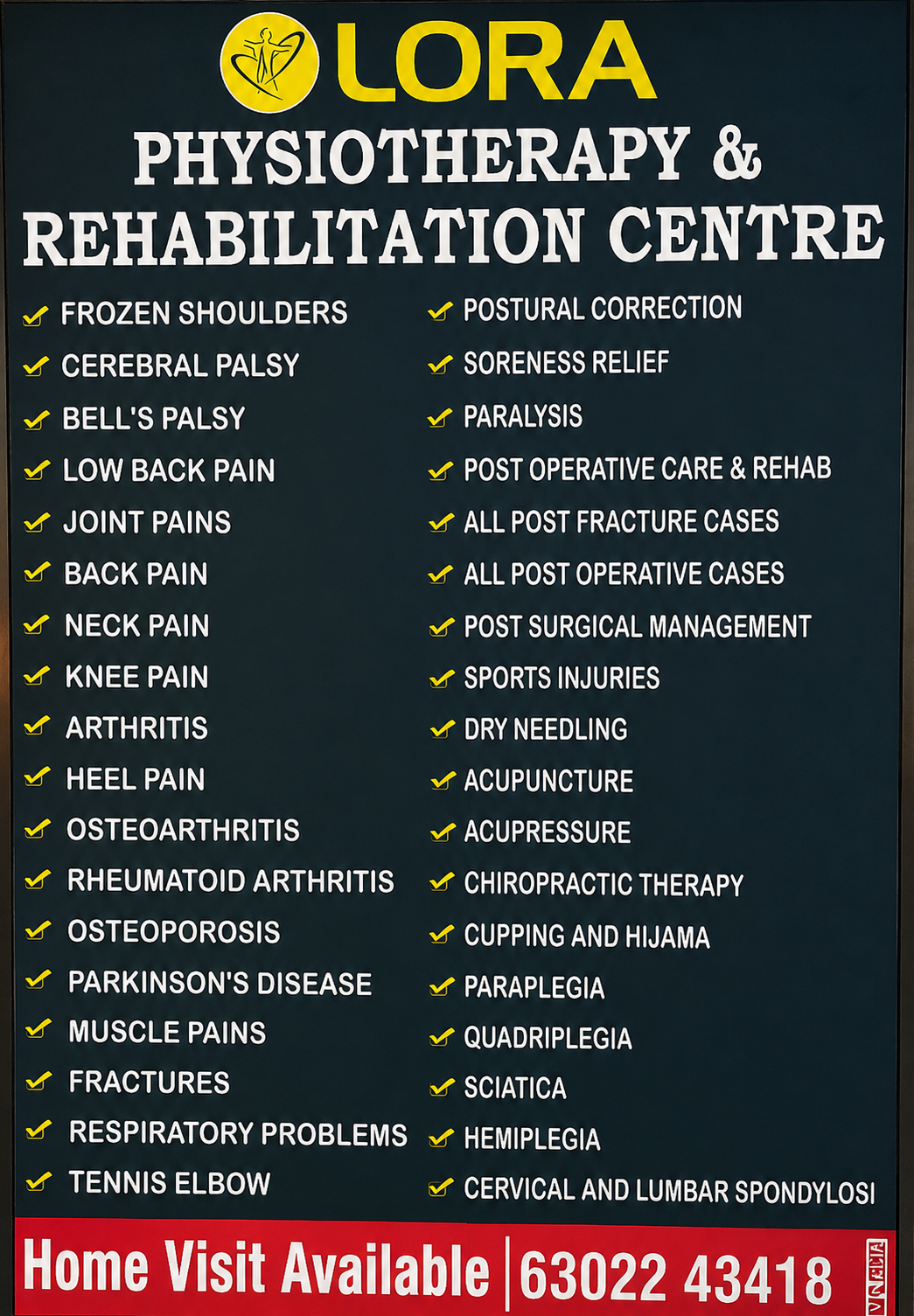 LORA centre sign listing conditions and therapies